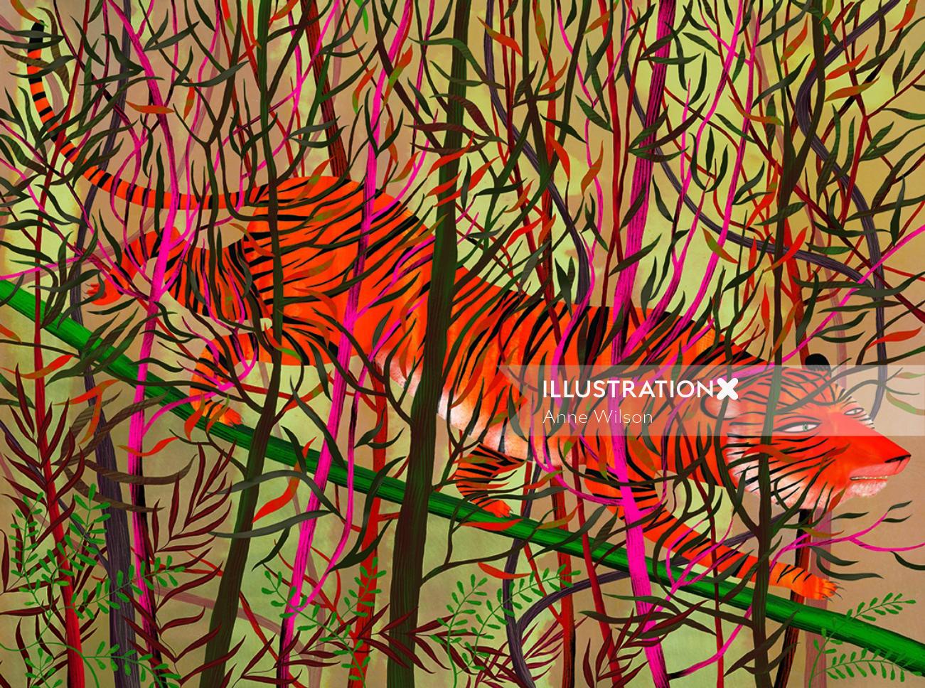 tiger, leaves, branches, trees, jungle, camouflage