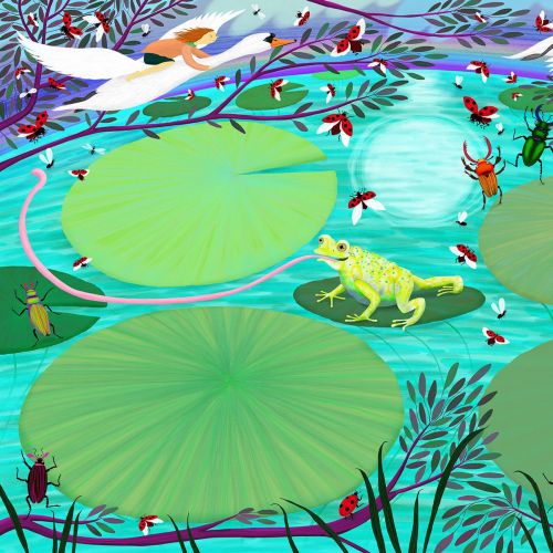 frog, insects, Lilly pads, beetles, ladybirds, moon, night time