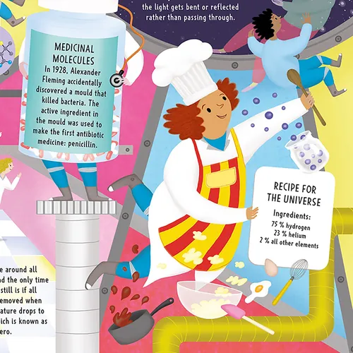 Colorful illustration of a chef crafting molecules in a scientific scene by Anne Wilson