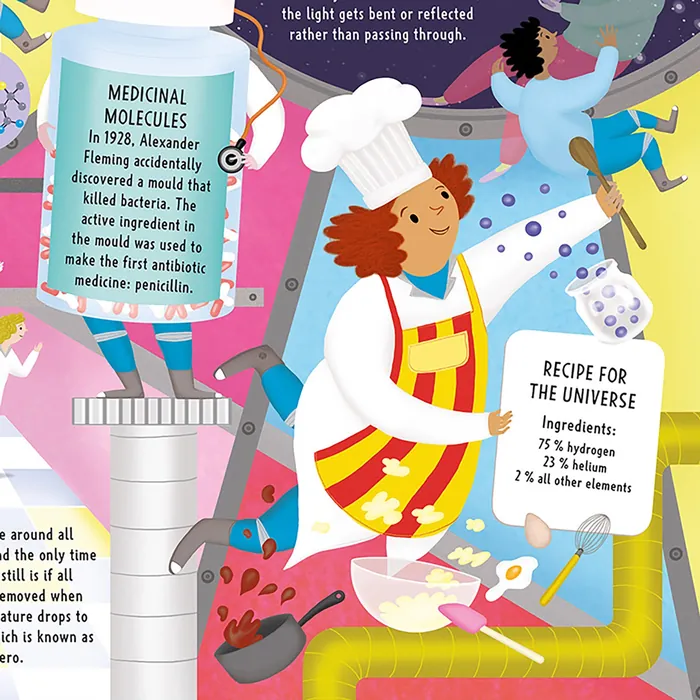 Colorful illustration of a chef crafting molecules in a scientific scene by Anne Wilson