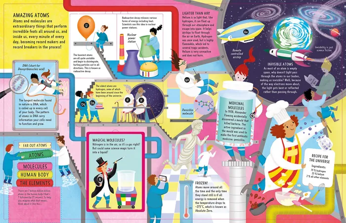 Colorful science illustration about atoms and molecules by Anne Wilson