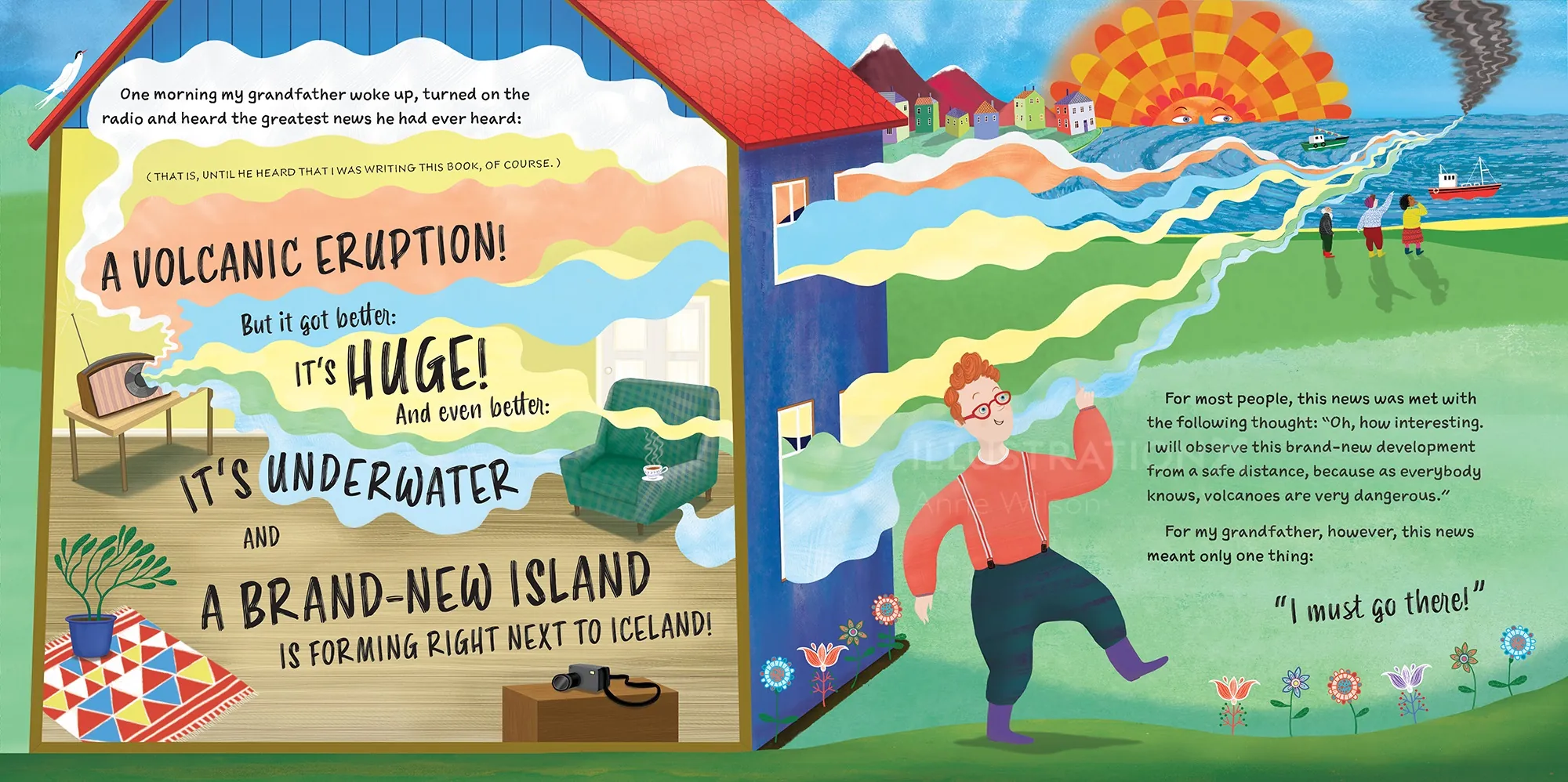 Illustration from Stranded! showing underwater volcanic eruption and island forming, by Anne Wilson