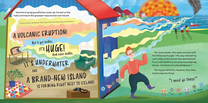 Illustration from Stranded! showing underwater volcanic eruption and island forming, by Anne Wilson