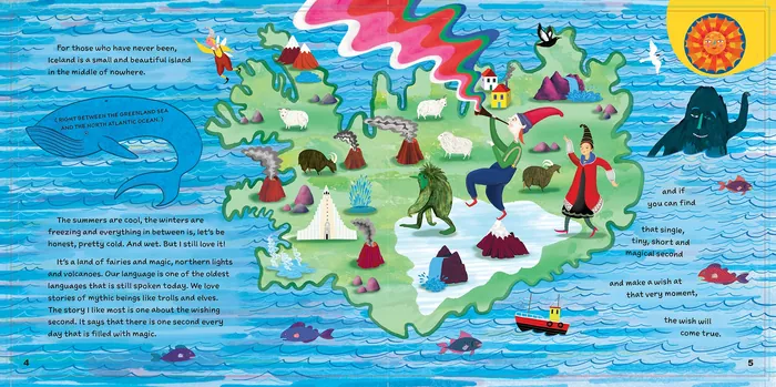 Illustrated fantasy island map with landmarks, animals, and sea creatures