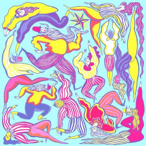 Bright abstract artwork with surreal distorted human shapes and vibrant colors