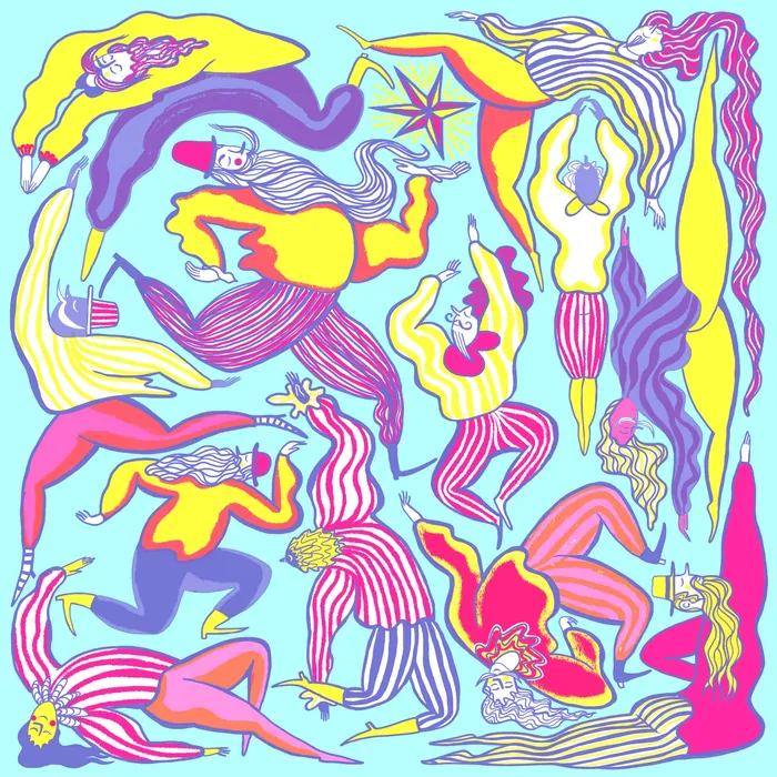 Bright abstract artwork with surreal distorted human shapes and vibrant colors
