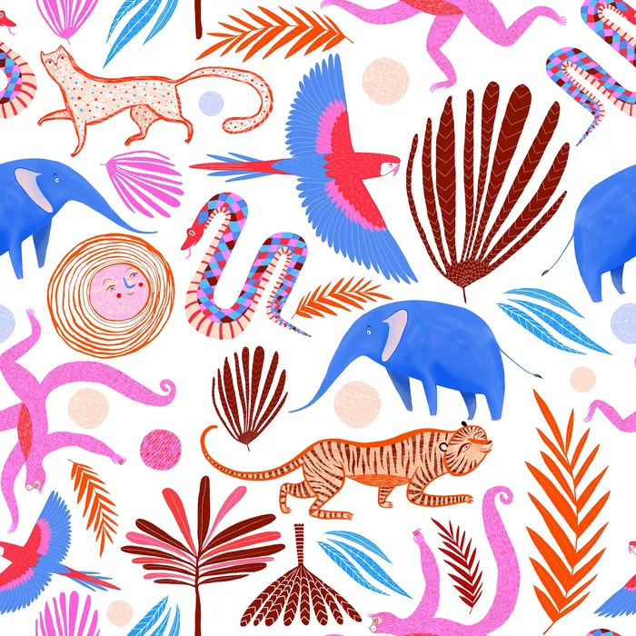Pattern of tropical animals including elephants, tiger, bird, and vibrant plants
