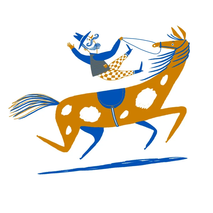 Man happily riding a brown spotted horse with blue accents