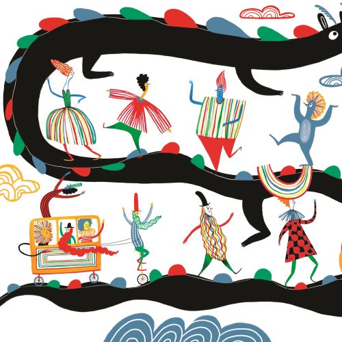 Whimsical colorful drawing with a long black snake and dancing figures.
