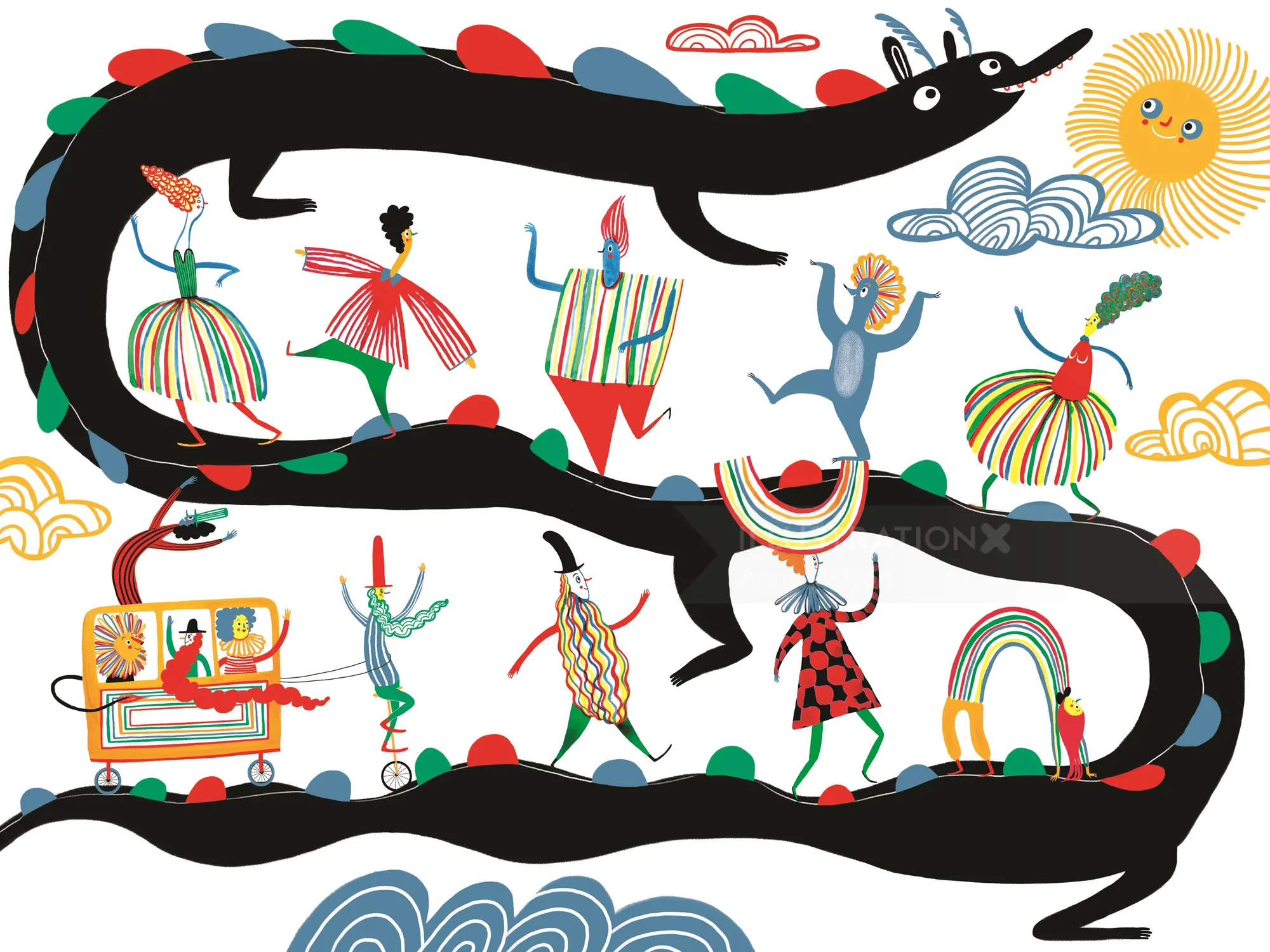 Whimsical colorful drawing with a long black snake and dancing figures.