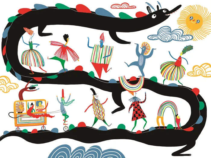 Whimsical colorful drawing with a long black snake and dancing figures.