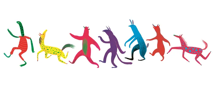 Brightly colored whimsical animals dancing in a row with unique patterns