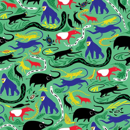 Pattern featuring colorful stylized animals on a green background
