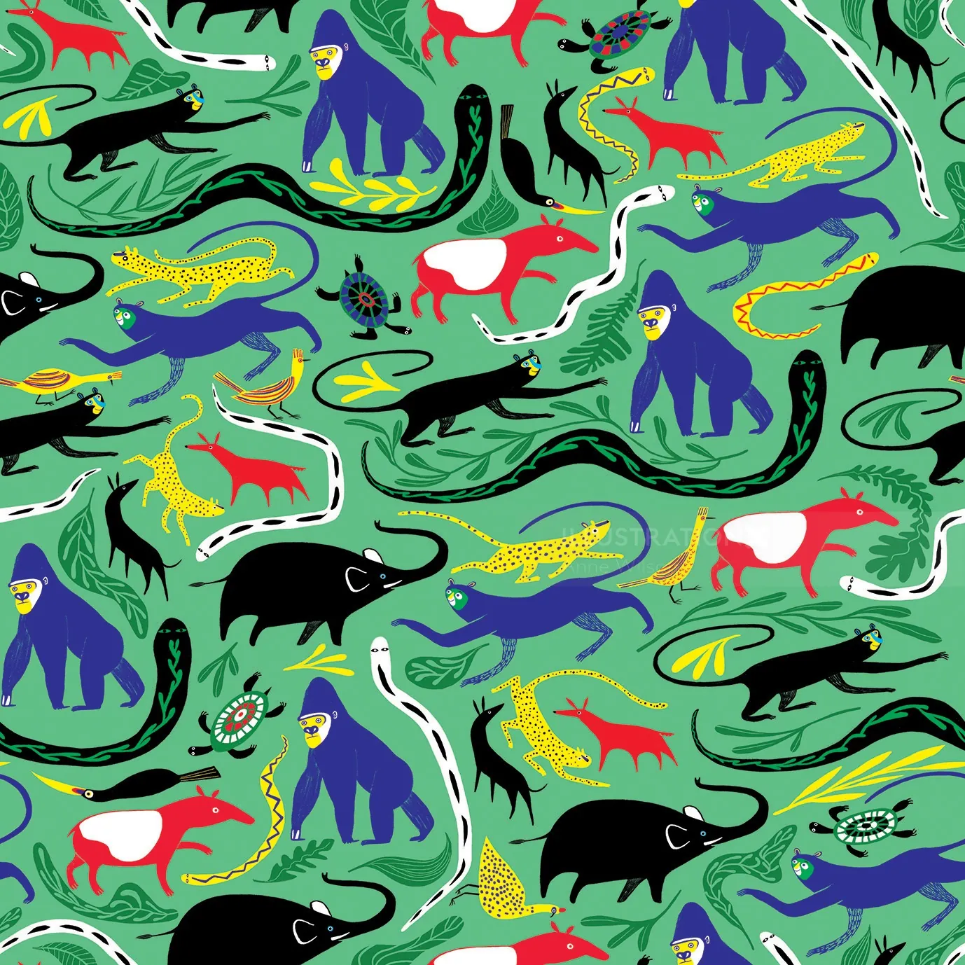 Pattern featuring colorful stylized animals on a green background