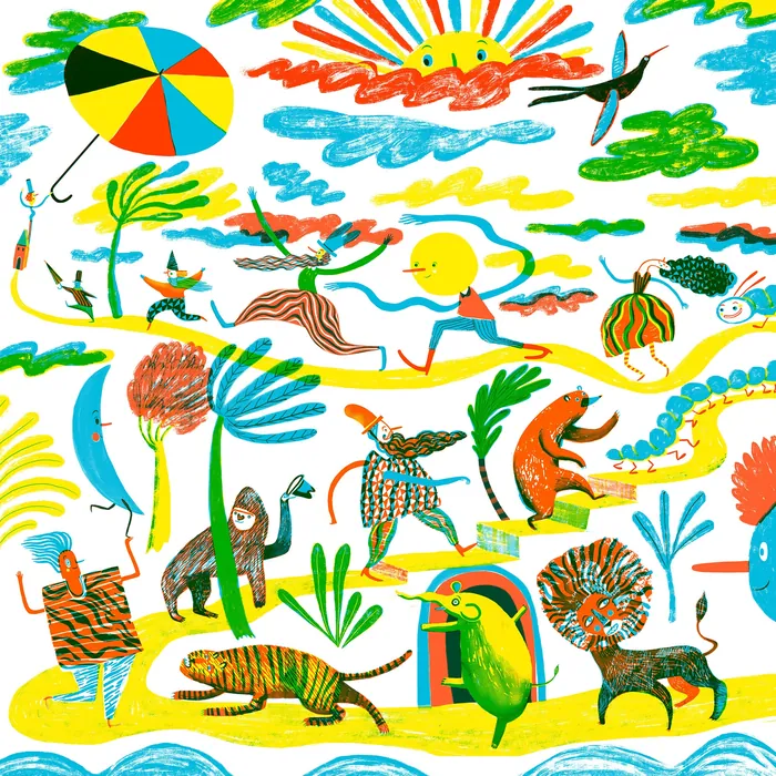Colorful whimsical animals and a person on a guided tour illustration