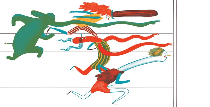 Colorful abstract figures racing with dynamic lines and vibrant shapes