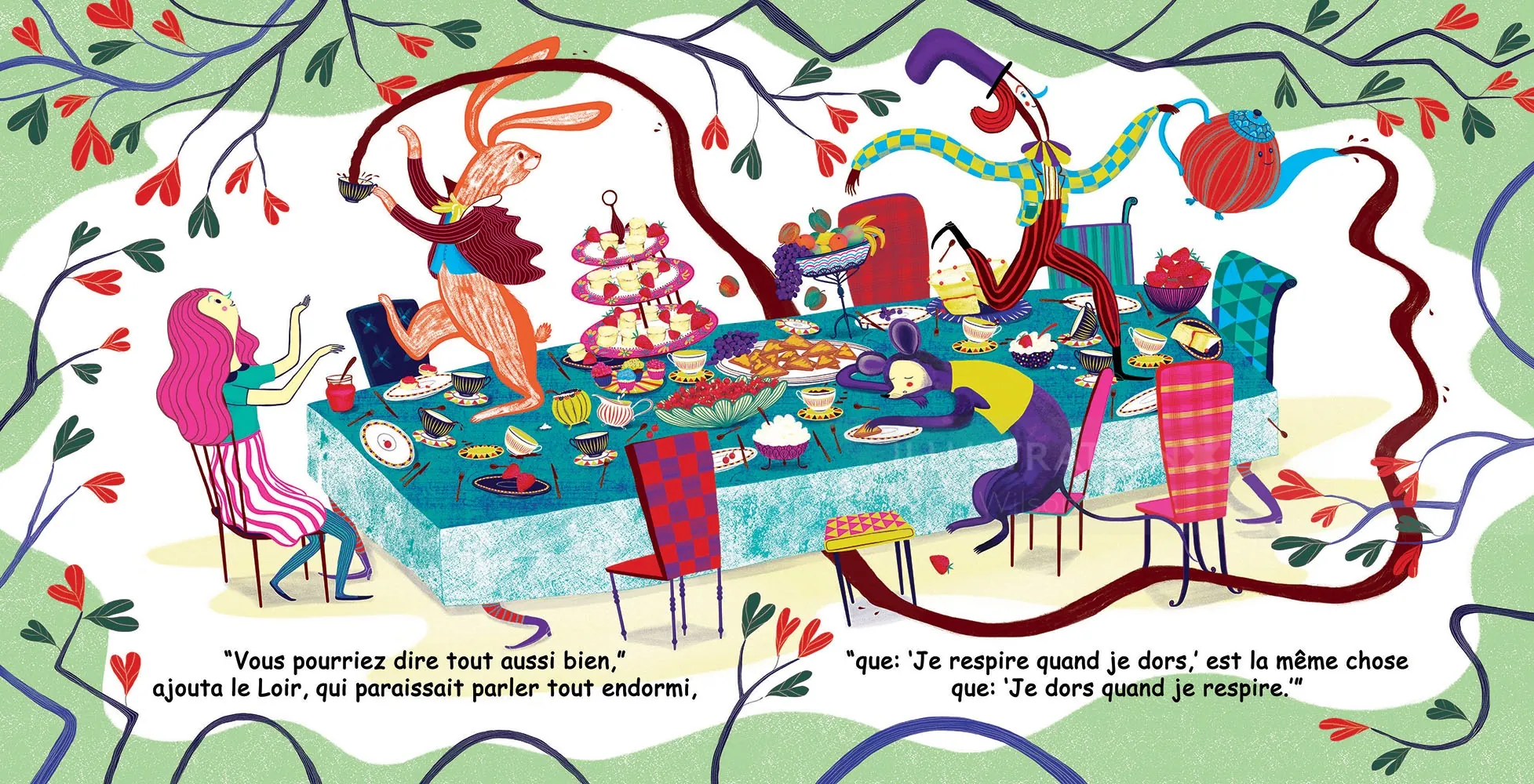 Colorful characters at a whimsical outdoor tea party with desserts