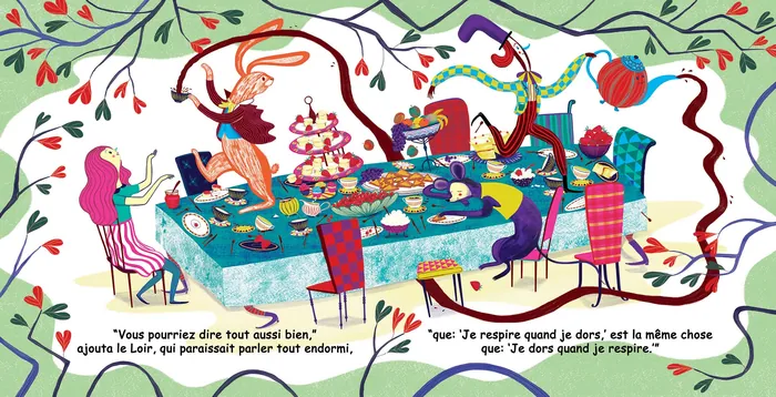 Colorful characters at a whimsical outdoor tea party with desserts