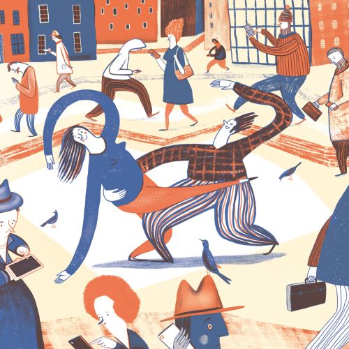 Colorful stylized illustration of people walking and interacting in a city