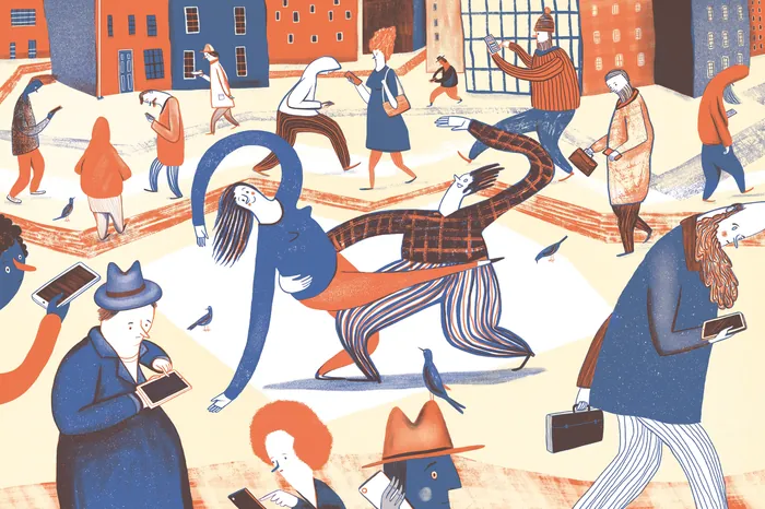 Colorful stylized illustration of people walking and interacting in a city