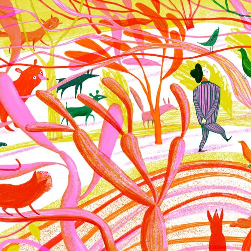 Colorful abstract forest with animals and two figures walking