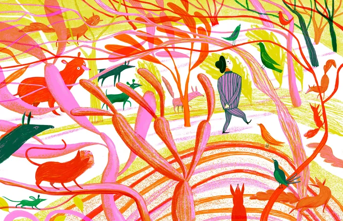 Colorful abstract forest with animals and two figures walking