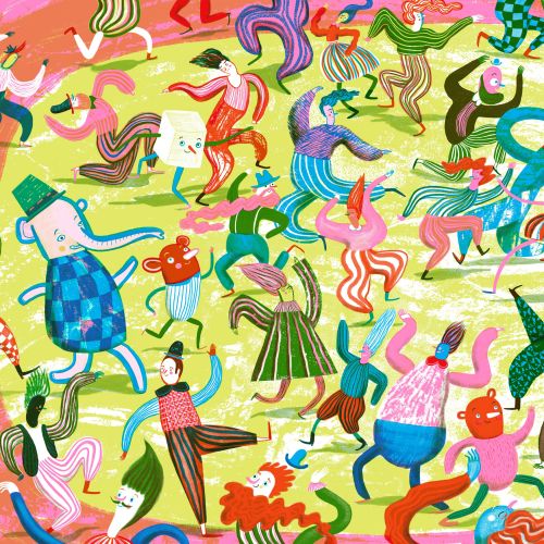 Colorful illustration of diverse people dancing energetically at a festival