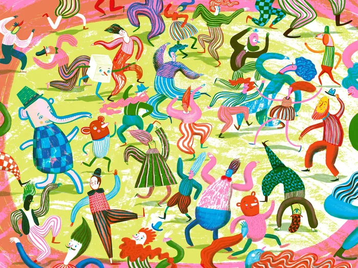 Colorful illustration of diverse people dancing energetically at a festival