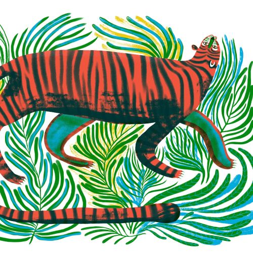 Illustration of a tiger surrounded by green foliage