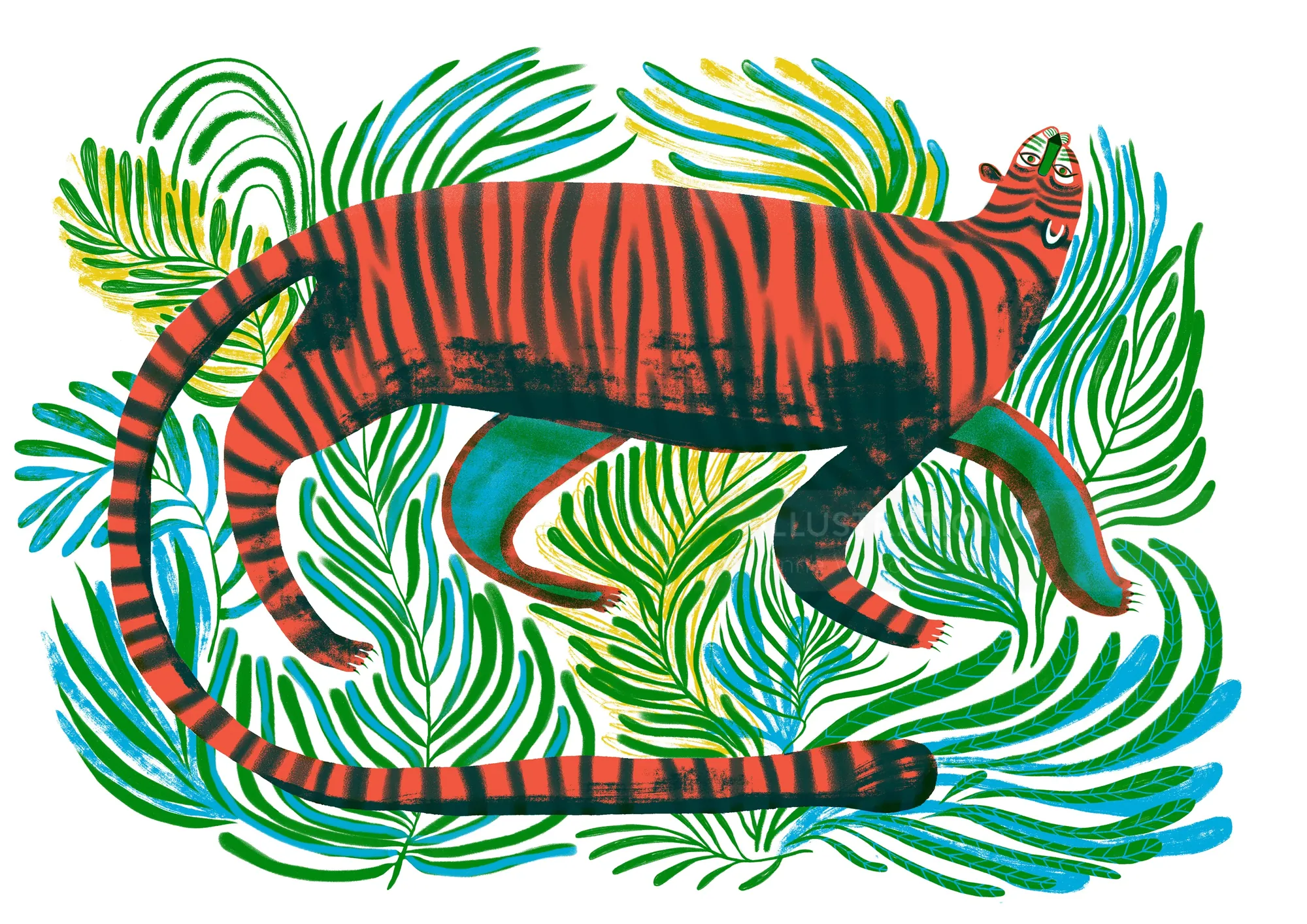 Illustration of a tiger surrounded by green foliage