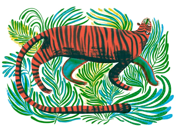 Illustration of a tiger surrounded by green foliage
