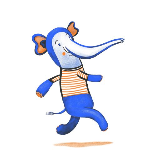 Cute blue elephant character bouncing joyfully in striped shirt