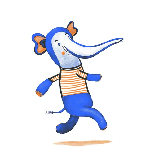 Cute blue elephant character bouncing joyfully in striped shirt