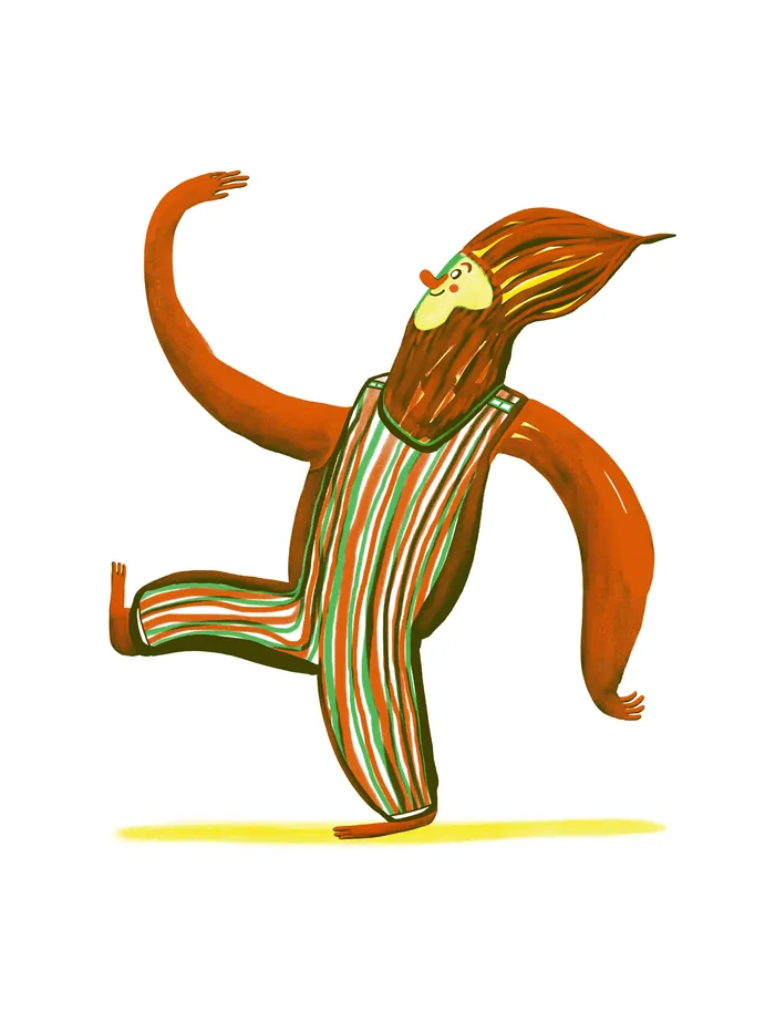 Cartoon character with striped outfit marching joyfully