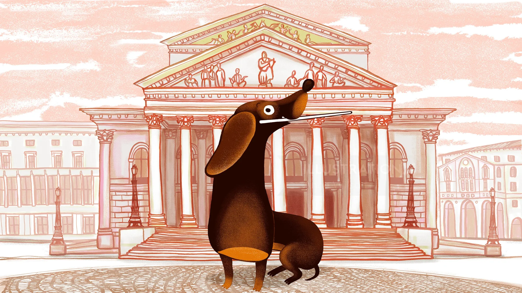 Illustration of Gustl, a dachshund dog character, in front of classical building