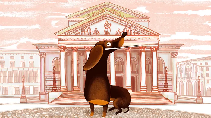 Illustration of Gustl, a dachshund dog character, in front of classical building