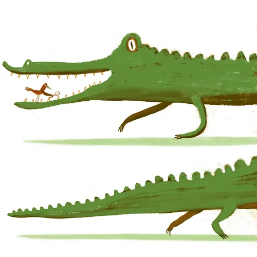 Green crocodile with a small bird standing on its snout