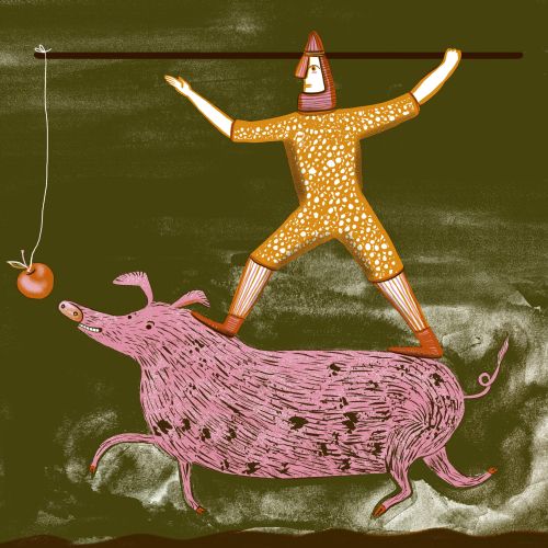 Person balancing on a running boar chasing a dangling apple