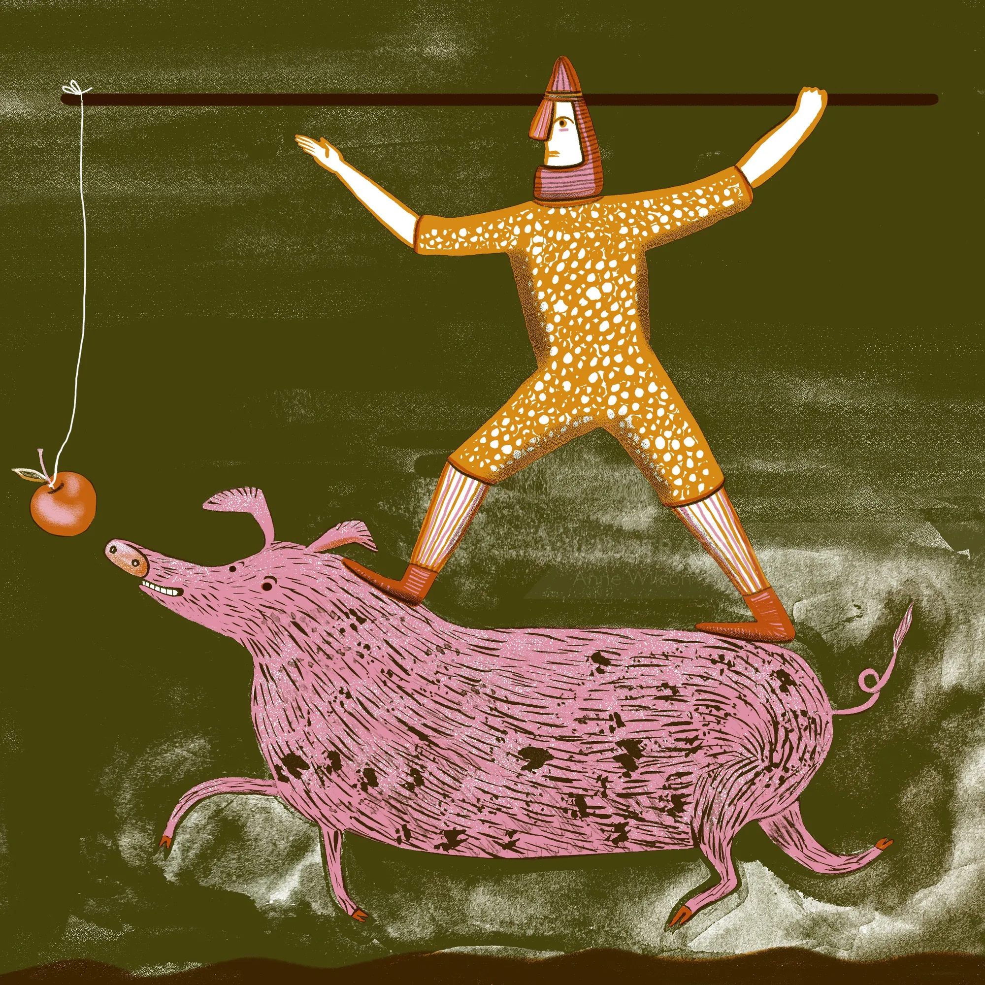 Person balancing on a running boar chasing a dangling apple