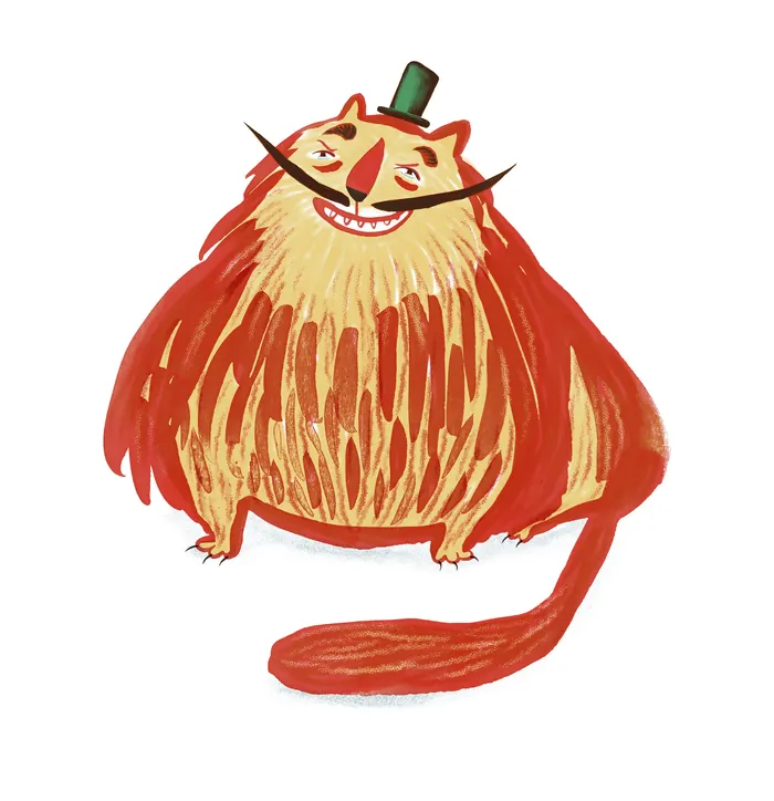 Red cat with a mustache and top hat smiling