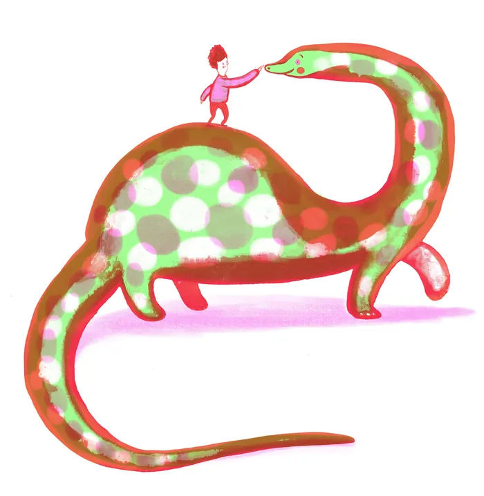 Young child riding a spotted dinosaur with a long neck and tail
