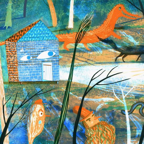 Colorful surreal animals and figures in a whimsical forest scene