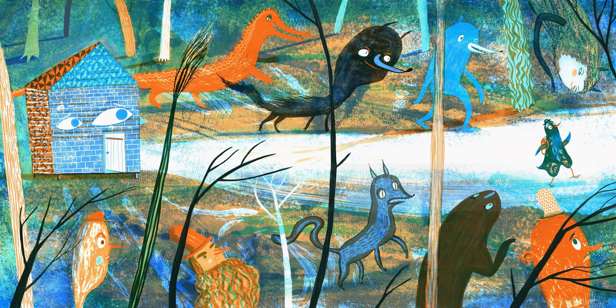 Colorful surreal animals and figures in a whimsical forest scene