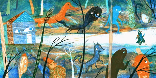 Colorful surreal animals and figures in a whimsical forest scene