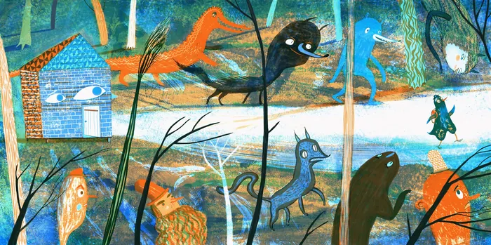 Colorful surreal animals and figures in a whimsical forest scene
