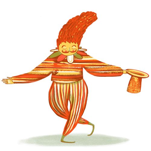 Cartoon character with red hair bowing while holding a hat