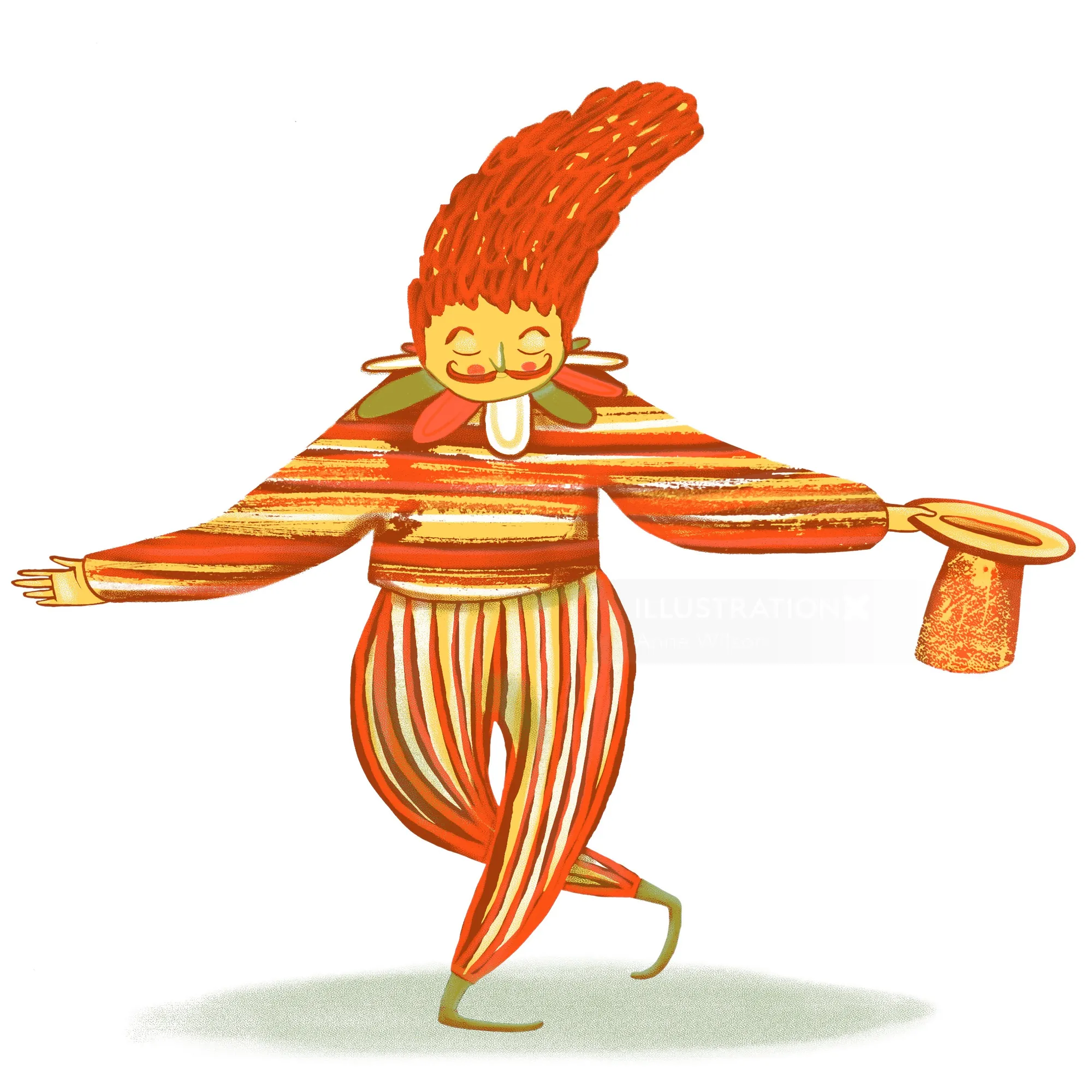 Cartoon character with red hair bowing while holding a hat