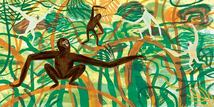 Illustration of gibbons swinging in a vibrant jungle
