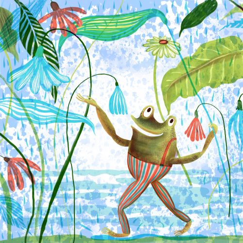 Cartoon frog dancing joyfully in the rain among colorful flowers