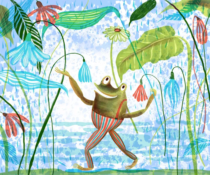 Cartoon frog dancing joyfully in the rain among colorful flowers